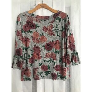 Maurices Womens Plus Size 1 Floral Bell Sleeve Knit Top Grey Red Rose Scoop Neck